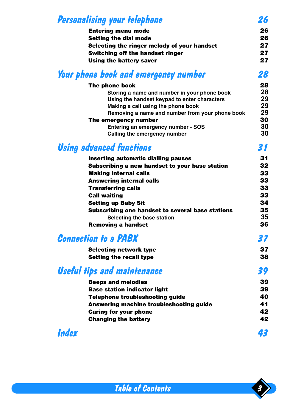 Personalising your telephone 26, Your phone book and emergency number 28, Using advanced functions 31 | Connection to a pabx 37, Useful tips and maintenance 39, Index 43, Table of contents 3 | Philips Xalio Vox User Manual | Page 7 / 49