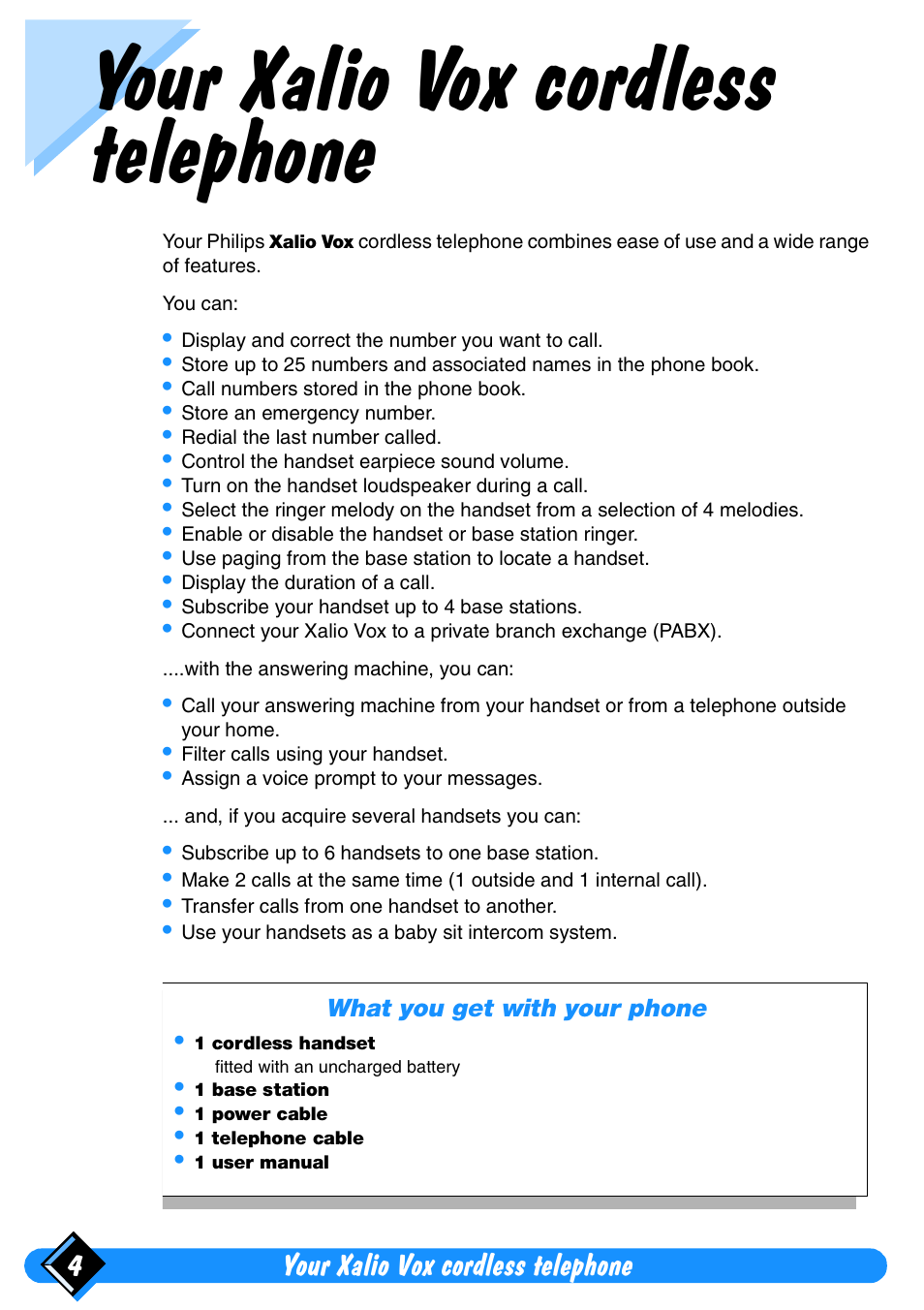 Your xalio vox cordless telephone, Your xalio vox cordless telephone 4 | Philips Xalio Vox User Manual | Page 8 / 49