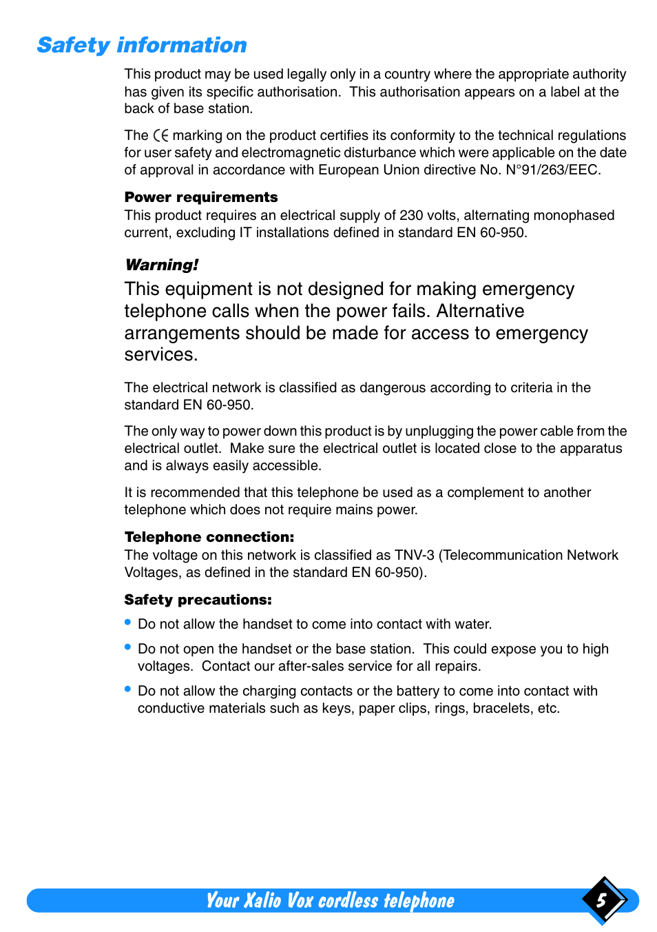 Safety information, Your xalio vox cordless telephone 5 | Philips Xalio Vox User Manual | Page 9 / 49