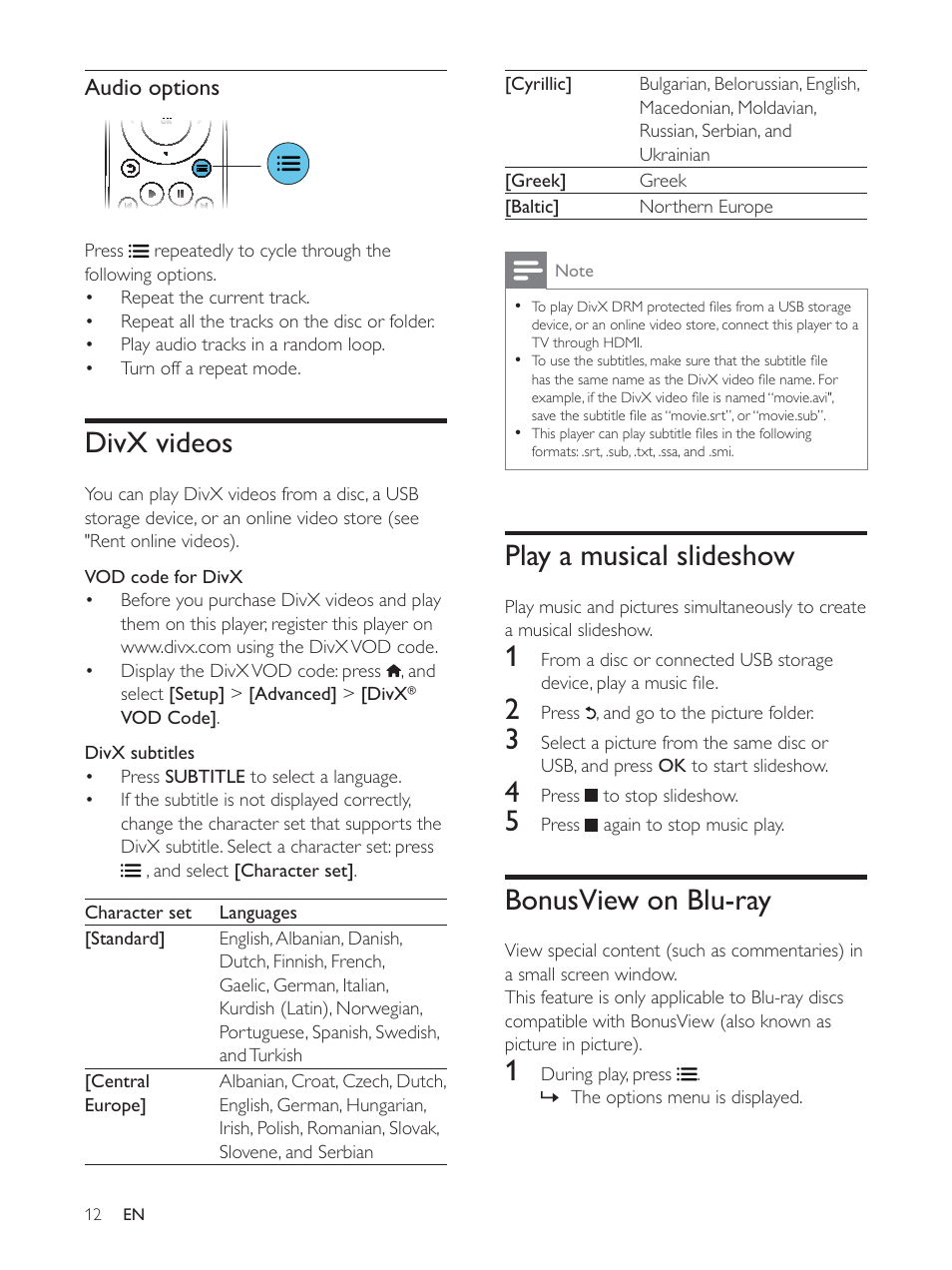 Divx videos, Play a musical slideshow, Bonusview on blu-ray | Philips BDP5510 User Manual | Page 11 / 26