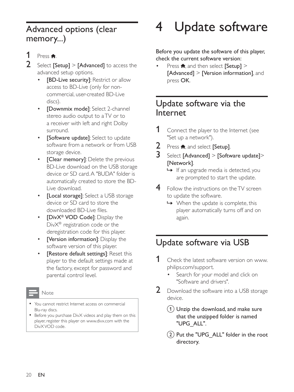 4 update software, Update software via the internet 1, Update software via usb 1 | Philips BDP5510 User Manual | Page 19 / 26