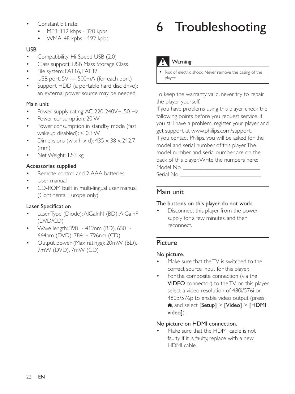 6 troubleshooting, Main unit, Picture | Philips BDP5510 User Manual | Page 21 / 26