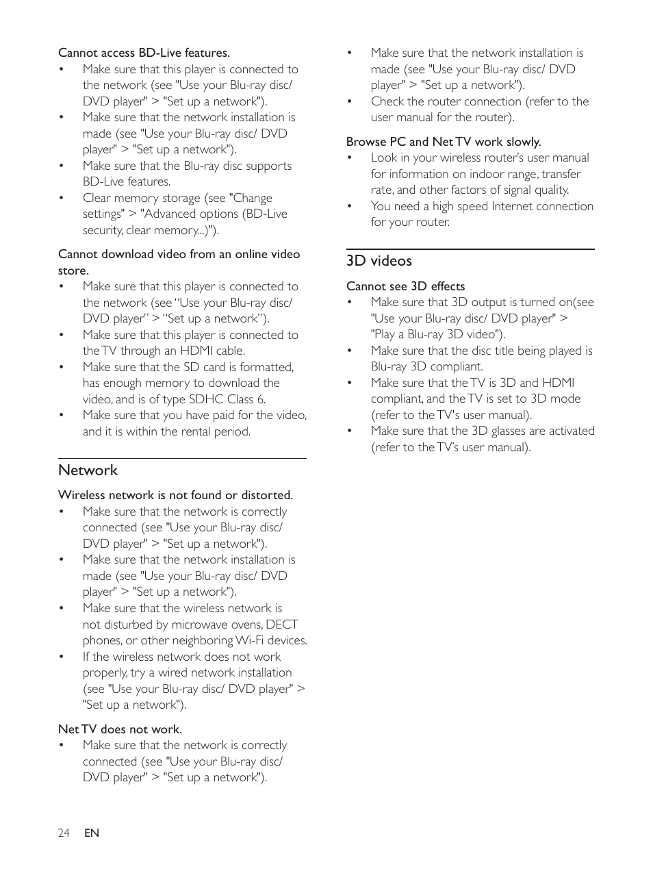 Network, 3d videos | Philips BDP5510 User Manual | Page 23 / 26
