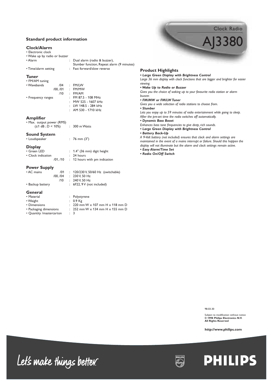 Standard product information, Clock/alarm, Tuner | Amplifier, Sound system, Display, Power supply, General, Product highlights, Philips | Philips AJ3380 User Manual | Page 2 / 2