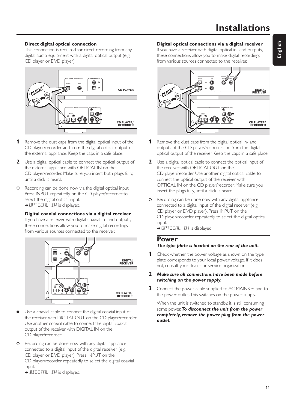 Installations, Power, Optical in is displayed | The type plate is located on the rear of the unit, English, Click | Philips CDR-795 User Manual | Page 11 / 72