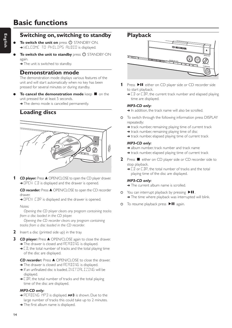 Basic functions, Switching on, switching to standby, Demonstration mode | Loading discs, Playback | Philips CDR-795 User Manual | Page 14 / 72