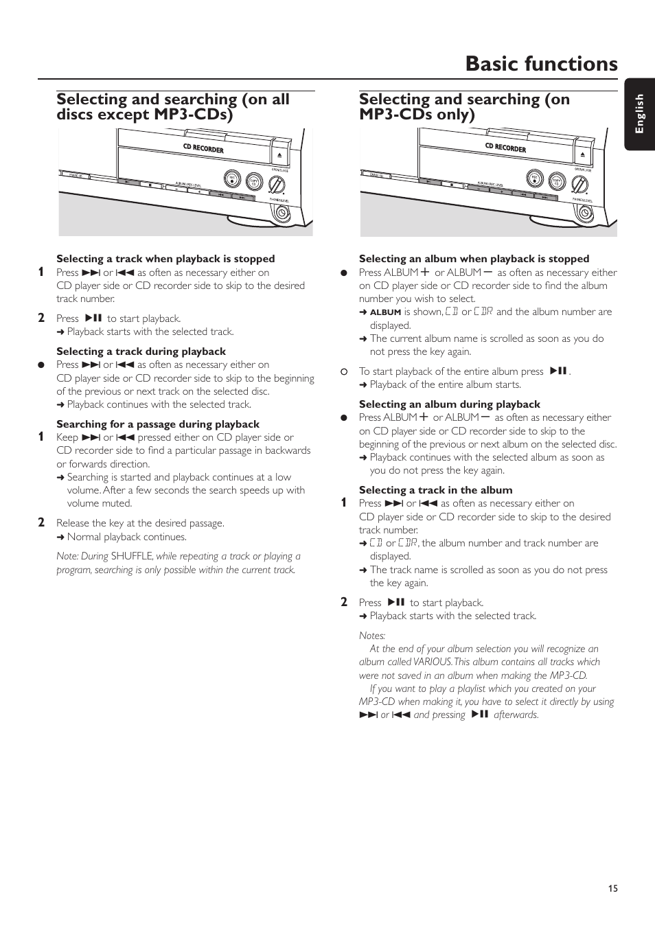 Basic functions, Selecting and searching (on mp3-cds only) | Philips CDR-795 User Manual | Page 15 / 72