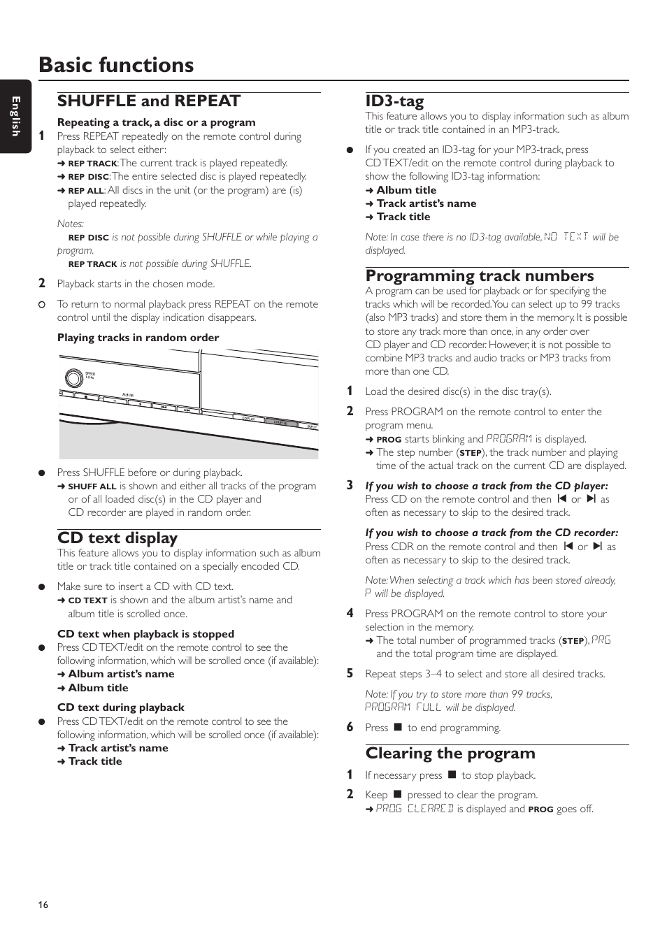 Basic functions, Shuffle and repeat, Cd text display | Id3-tag, Programming track numbers, Clearing the program | Philips CDR-795 User Manual | Page 16 / 72