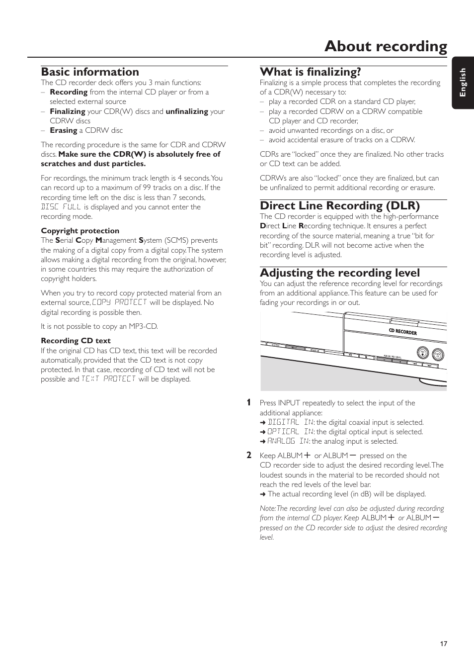 About recording, Basic information, What is finalizing | Direct line recording (dlr), Adjusting the recording level | Philips CDR-795 User Manual | Page 17 / 72