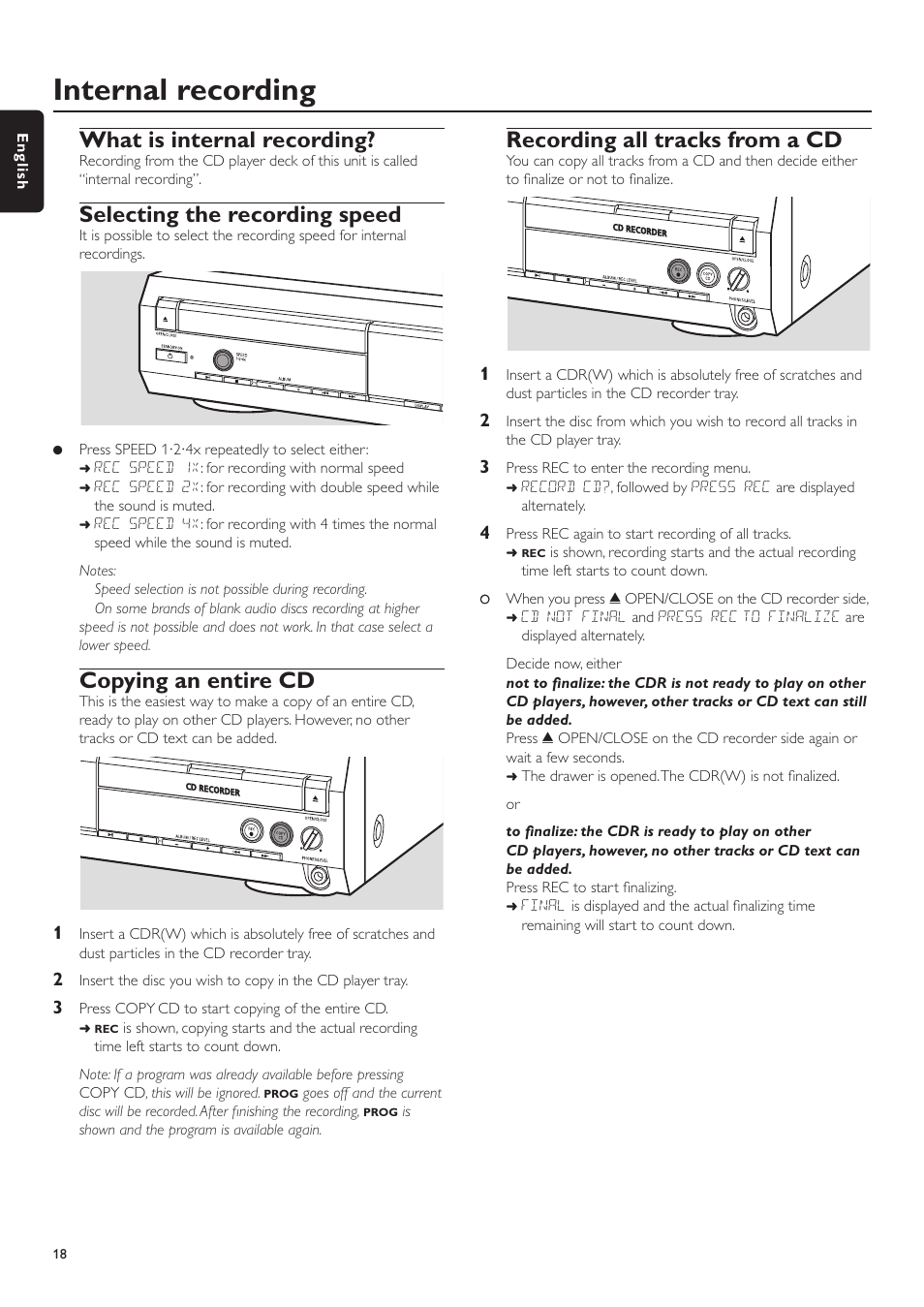 Internal recording, What is internal recording, Selecting the recording speed | Copying an entire cd, Recording all tracks from a cd | Philips CDR-795 User Manual | Page 18 / 72