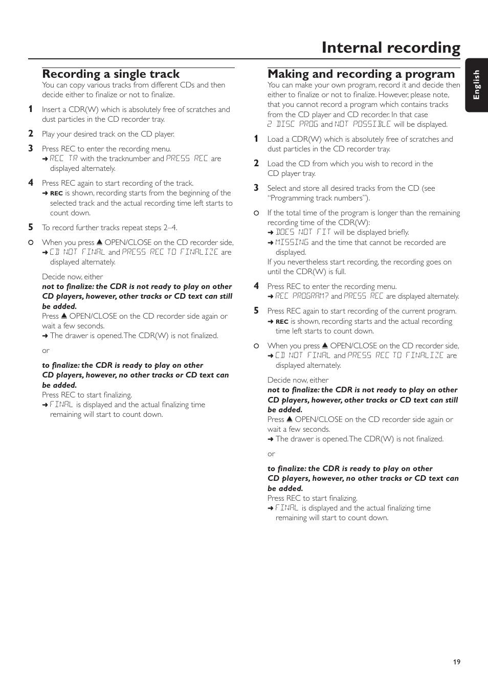 Internal recording, Recording a single track, Making and recording a program | Philips CDR-795 User Manual | Page 19 / 72