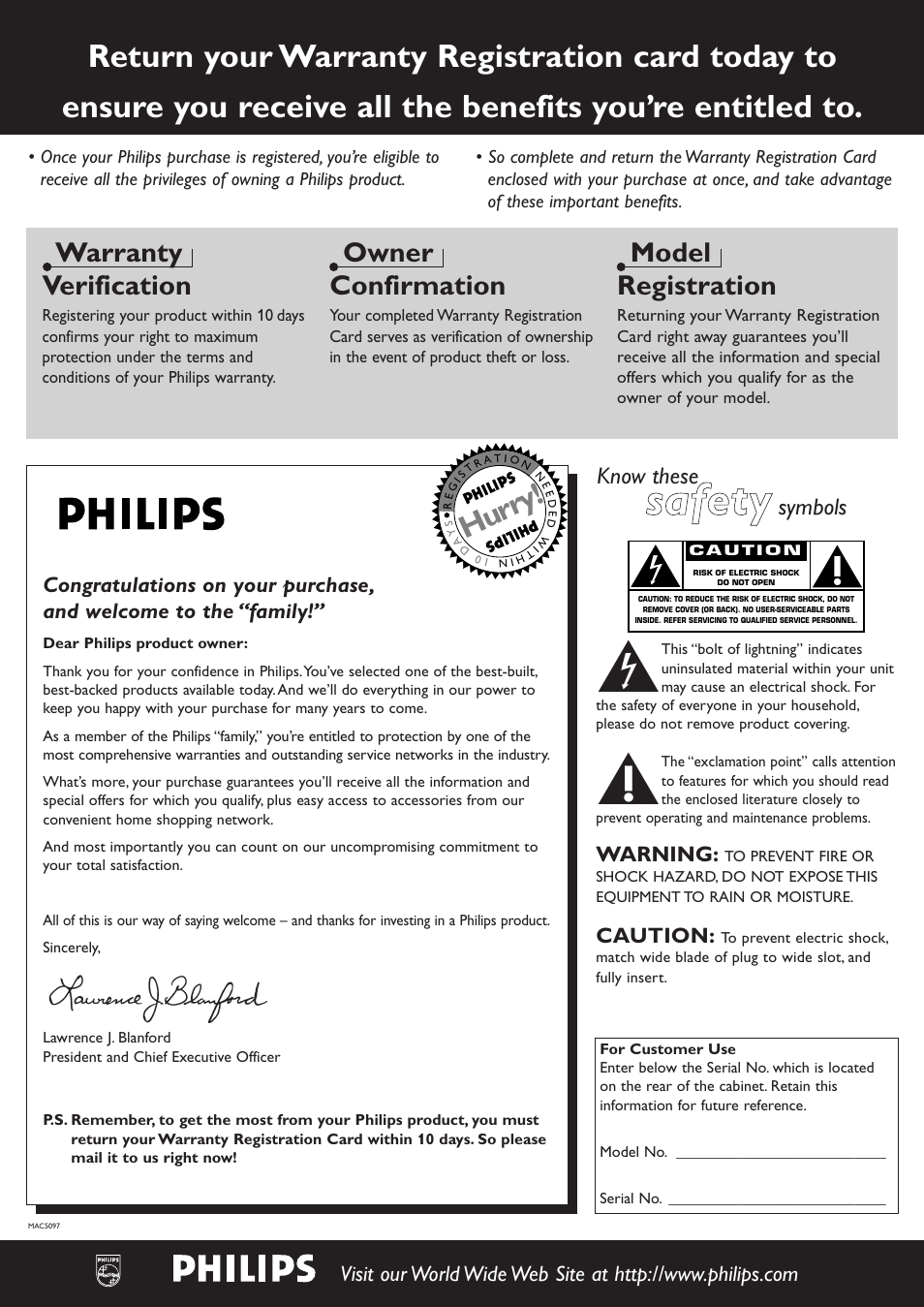 Ssa affe etty y, Hurry, Warranty verification | Owner confirmation, Model registration, Know these, Symbols | Philips CDR-795 User Manual | Page 2 / 72