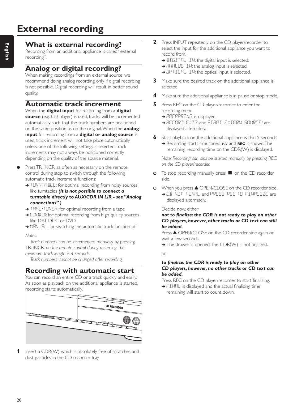 External recording, What is external recording, Analog or digital recording | Automatic track increment, Recording with automatic start | Philips CDR-795 User Manual | Page 20 / 72