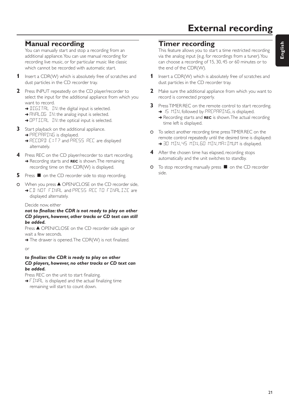 External recording, Manual recording, Timer recording | Philips CDR-795 User Manual | Page 21 / 72