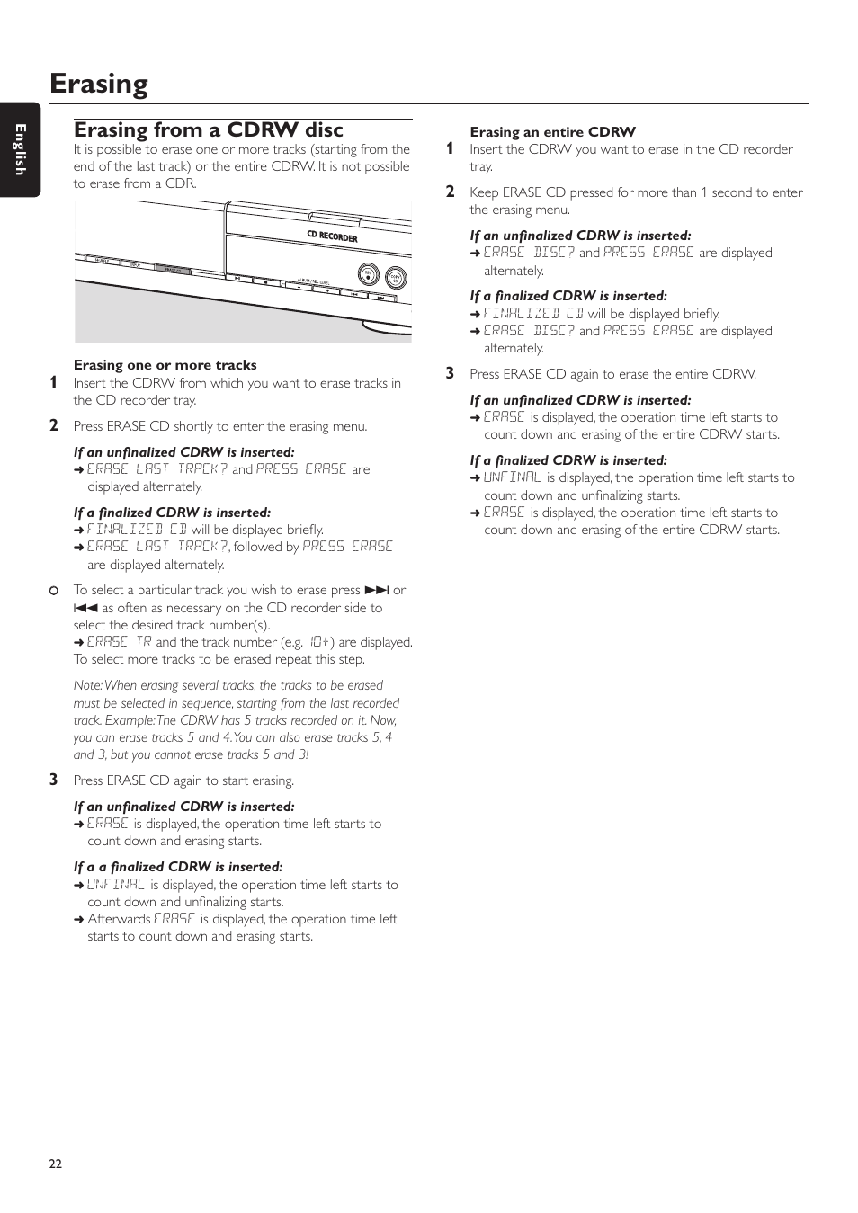 Erasing, Erasing from a cdrw disc | Philips CDR-795 User Manual | Page 22 / 72