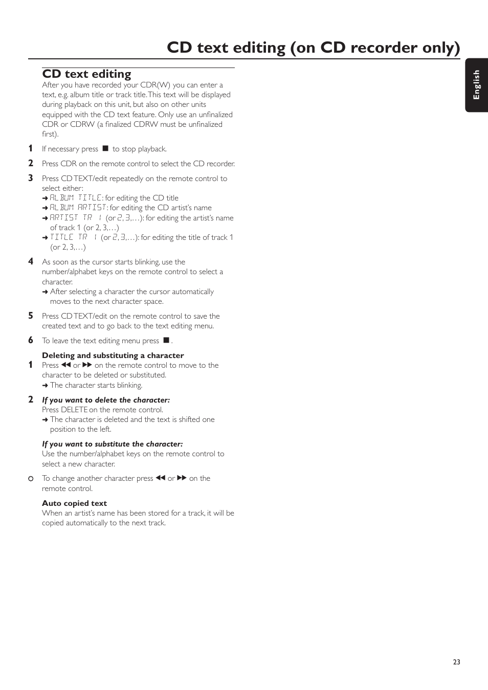 Cd text editing (on cd recorder only), Cd text editing | Philips CDR-795 User Manual | Page 23 / 72