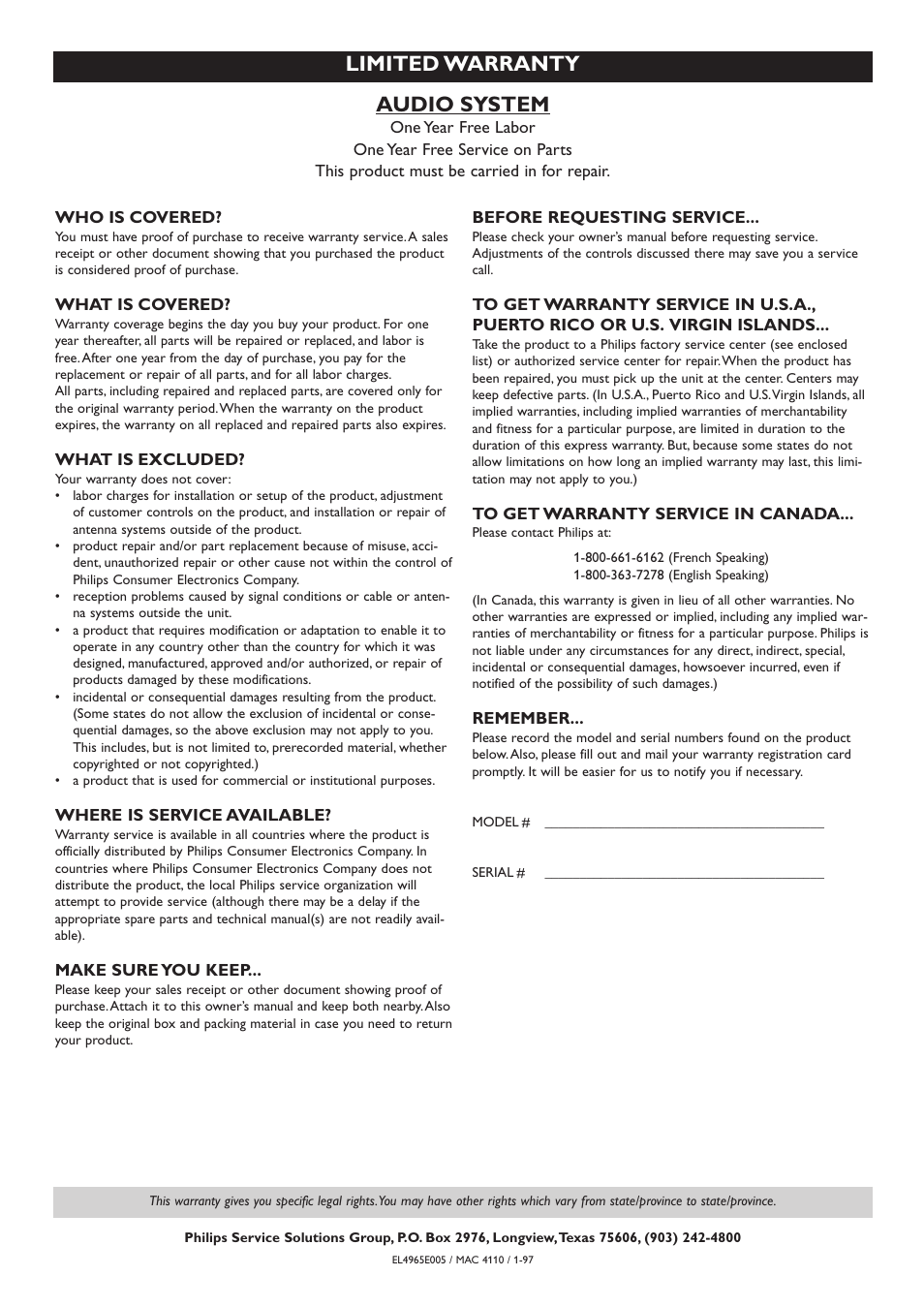 Audio system, Limited warranty | Philips CDR-795 User Manual | Page 25 / 72