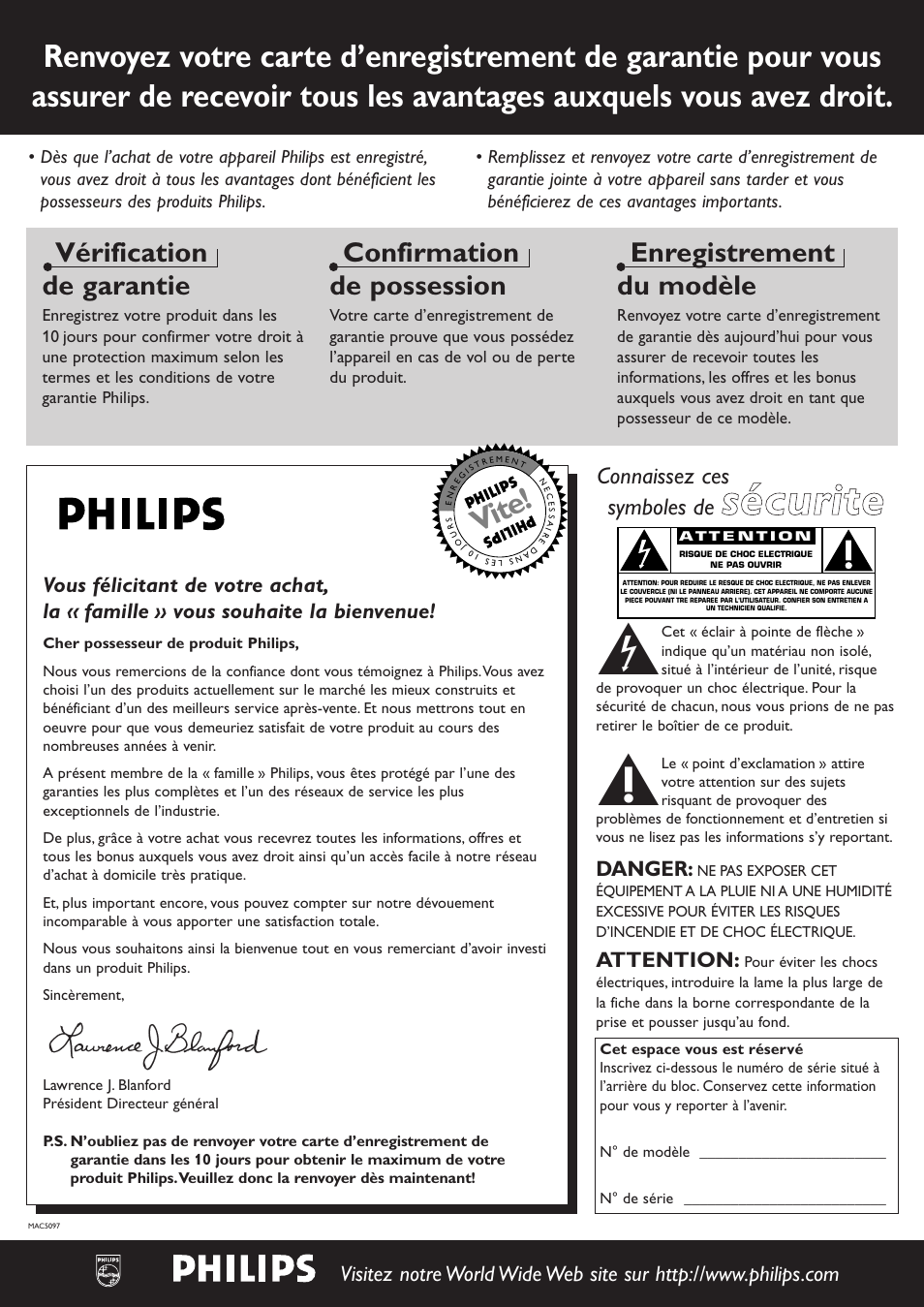 Ssé éc cu urriitte e, Vite, Vérification de garantie | Confirmation de possession, Enregistrement du modèle, Connaissez ces symboles de, Danger, Attention | Philips CDR-795 User Manual | Page 26 / 72