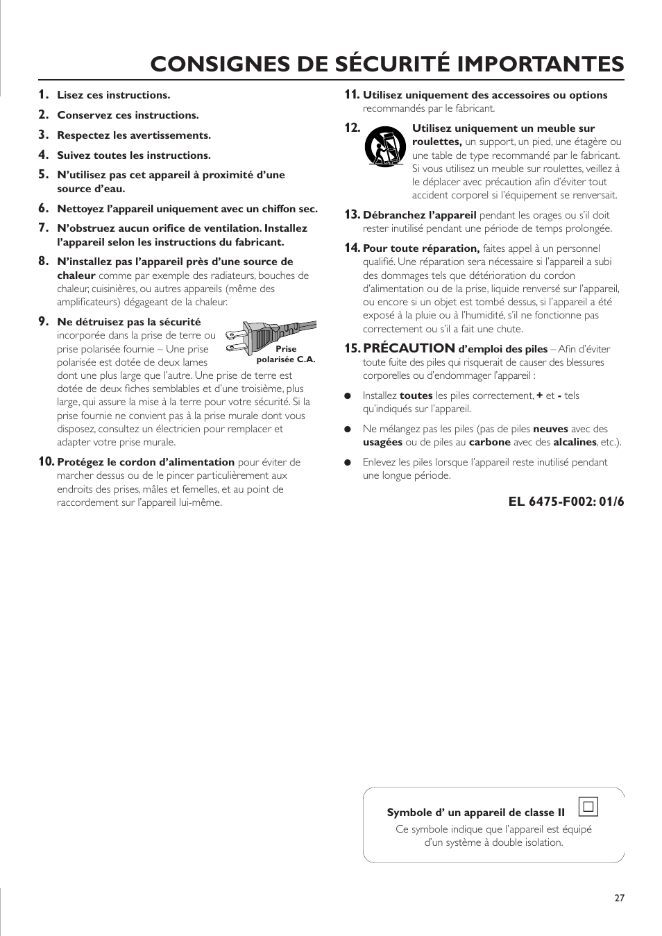 Consignes de sécurité importantes | Philips CDR-795 User Manual | Page 27 / 72