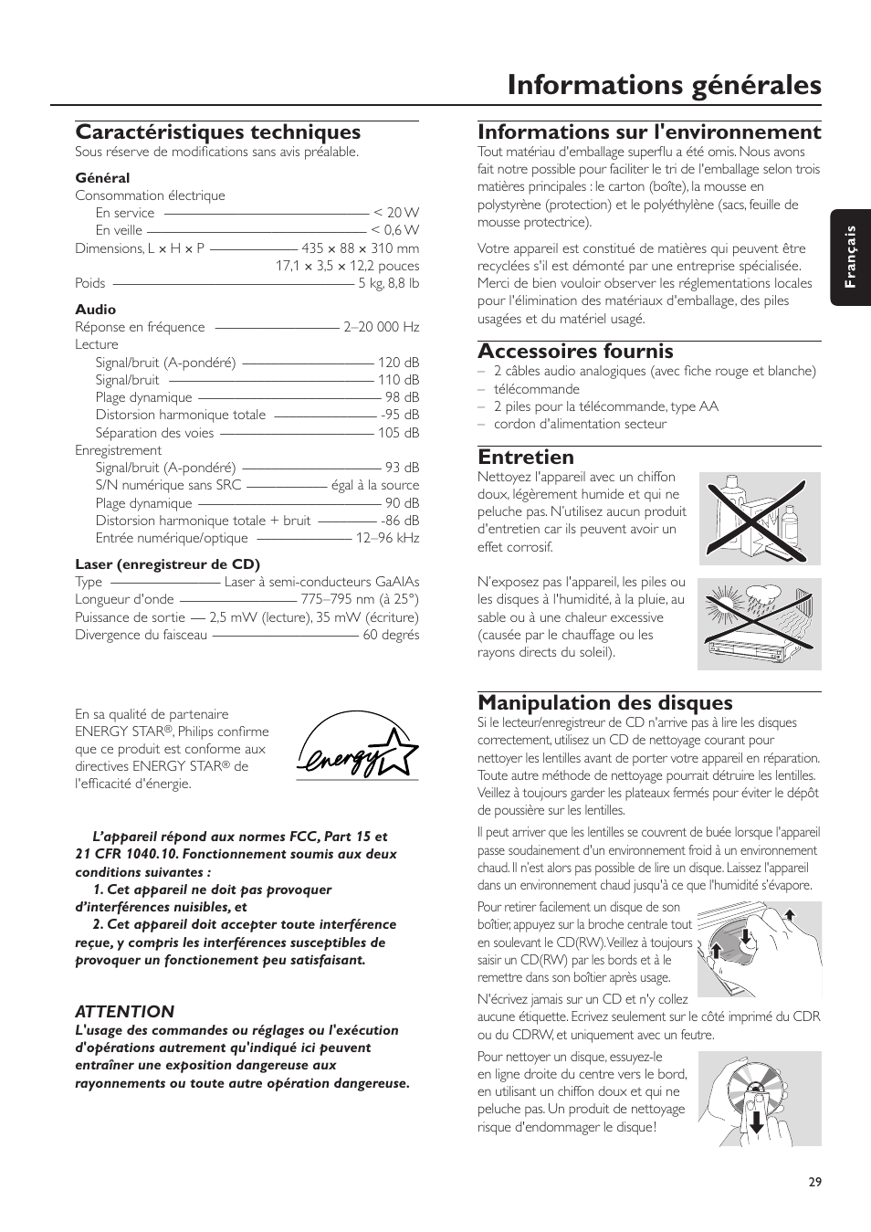 Informations générales, Caractéristiques techniques, Informations sur l'environnement | Accessoires fournis, Entretien, Manipulation des disques | Philips CDR-795 User Manual | Page 29 / 72