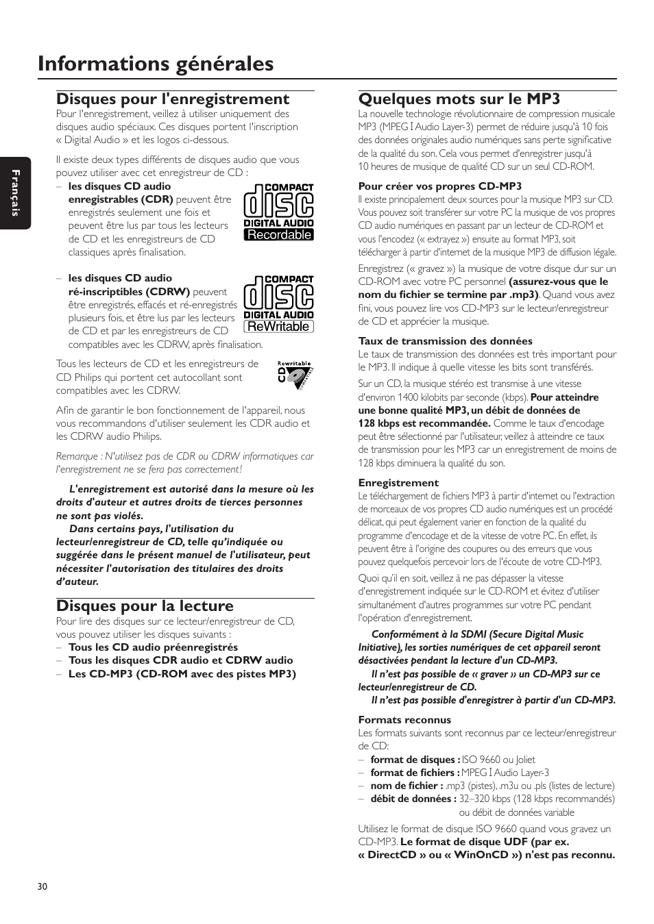 Informations générales, Disques pour l'enregistrement, Disques pour la lecture | Quelques mots sur le mp3 | Philips CDR-795 User Manual | Page 30 / 72