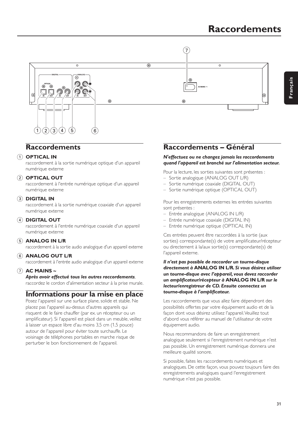 Raccordements, Informations pour la mise en place, Raccordements – général | Philips CDR-795 User Manual | Page 31 / 72