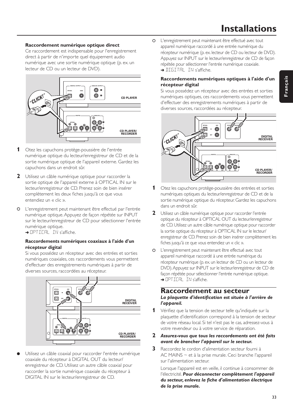 Installations, Raccordement au secteur, Optical in s’affiche | Français, Click | Philips CDR-795 User Manual | Page 33 / 72