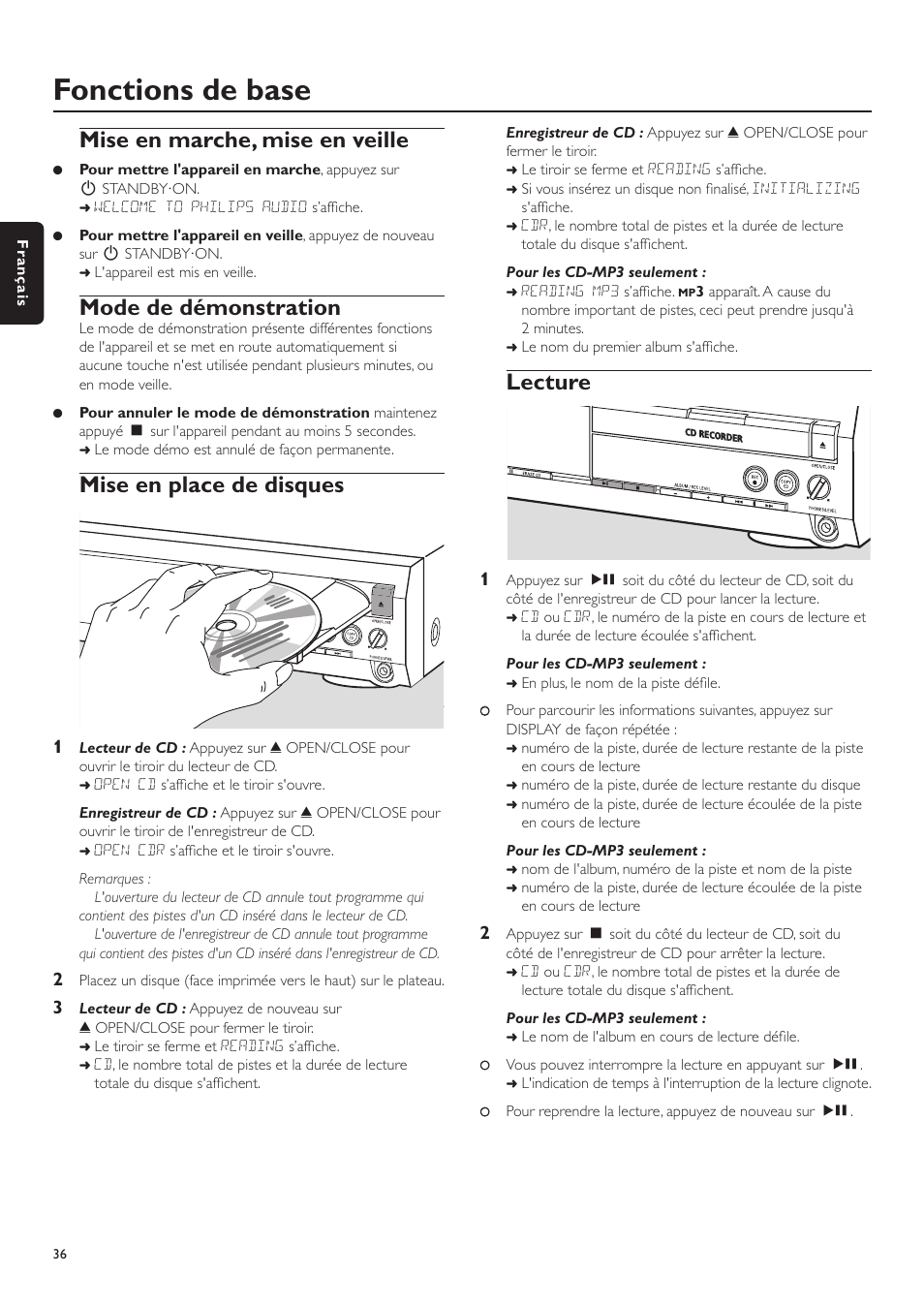 Fonctions de base, Mise en marche, mise en veille, Mode de démonstration | Mise en place de disques, Lecture | Philips CDR-795 User Manual | Page 36 / 72