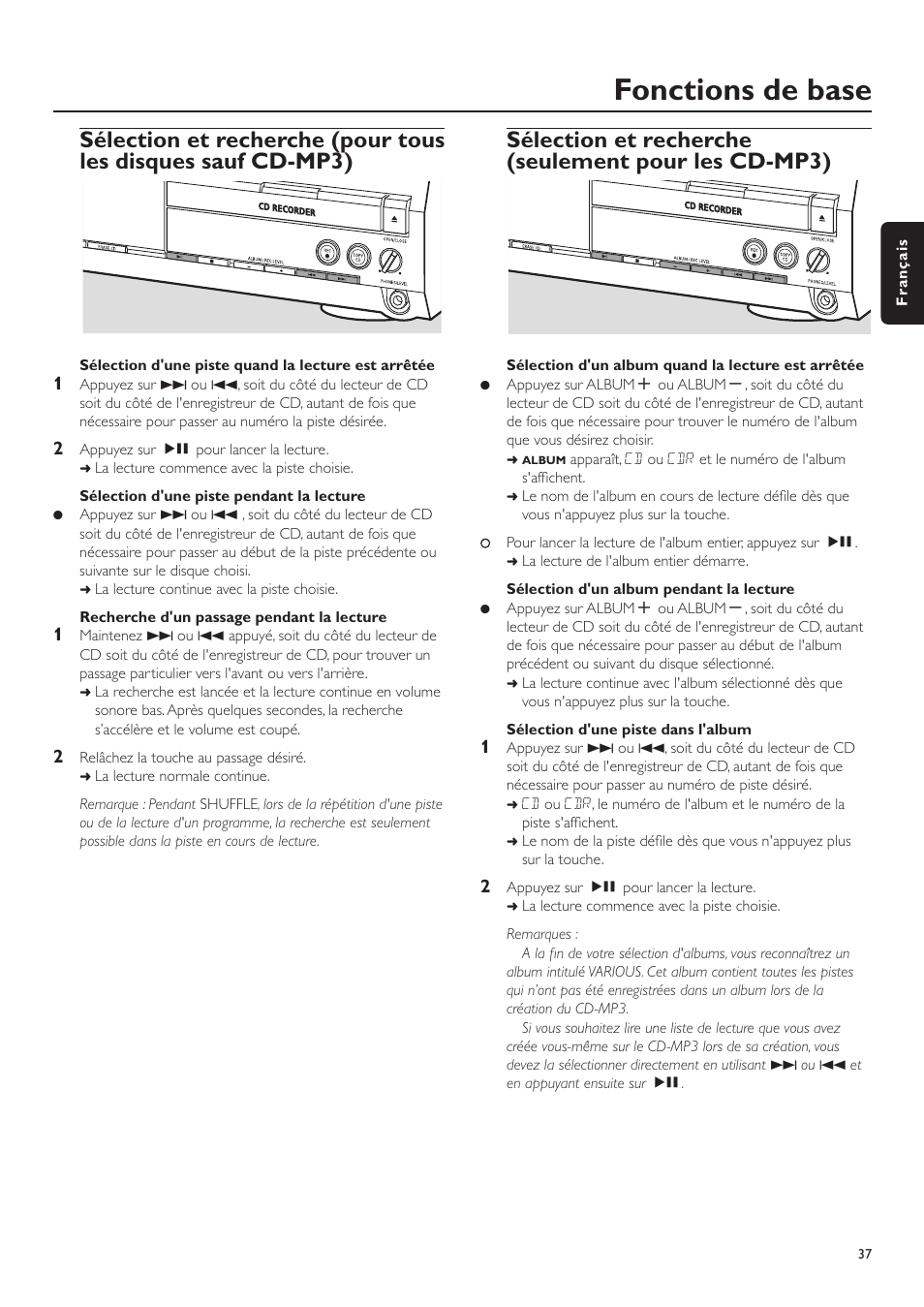 Fonctions de base, Sélection et recherche (seulement pour les cd-mp3) | Philips CDR-795 User Manual | Page 37 / 72