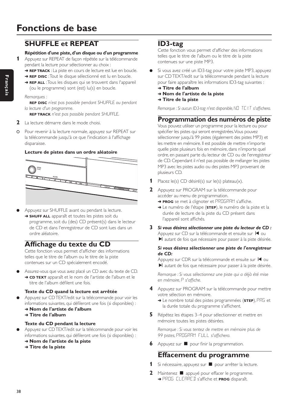 Fonctions de base, Shuffle et repeat, Affichage du texte du cd | Id3-tag, Programmation des numéros de piste, Effacement du programme | Philips CDR-795 User Manual | Page 38 / 72