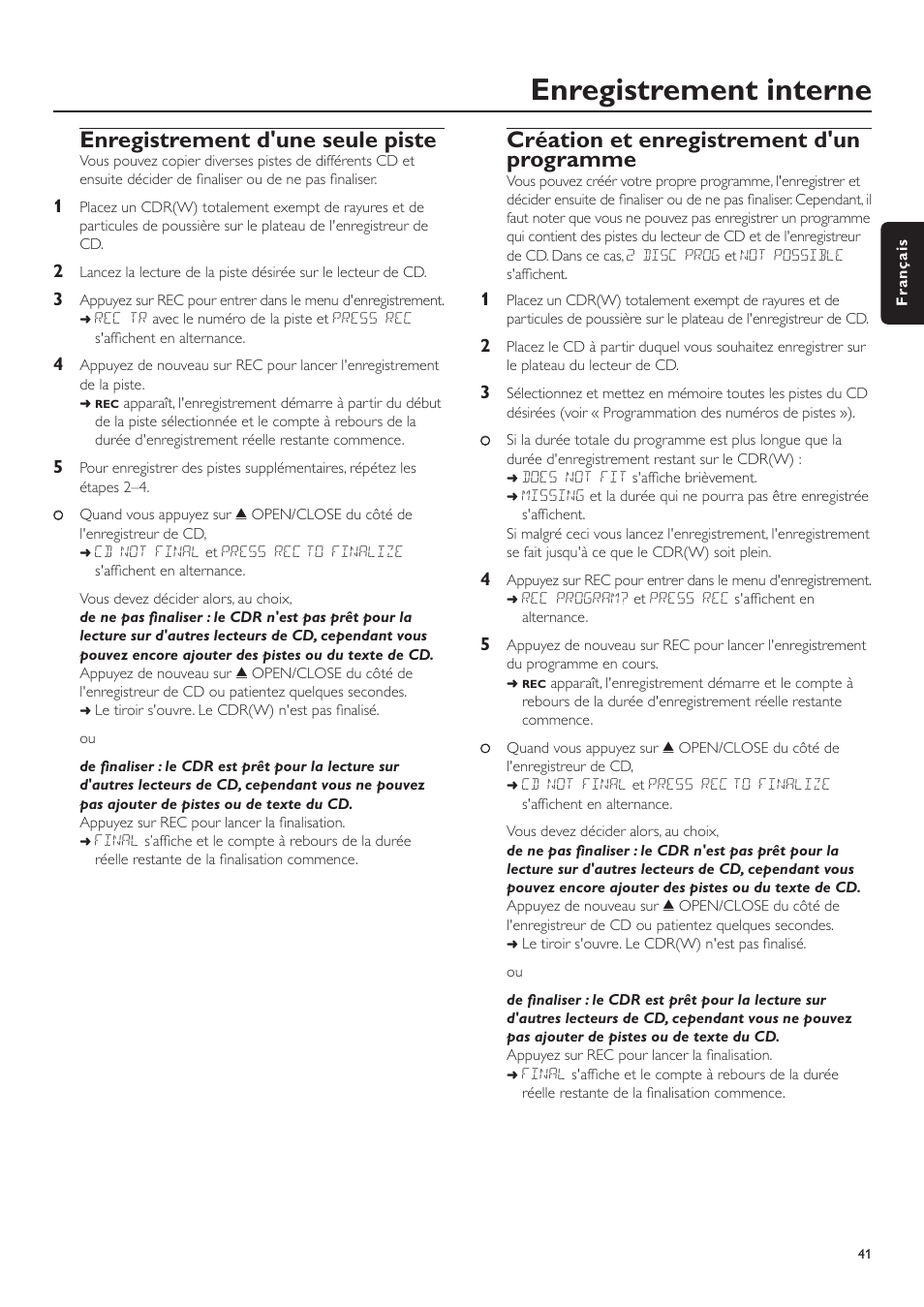 Enregistrement interne, Enregistrement d'une seule piste, Création et enregistrement d'un programme | Philips CDR-795 User Manual | Page 41 / 72