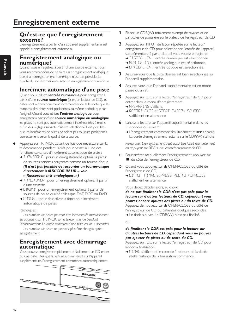 Enregistrement externe, Qu'est-ce que l'enregistrement externe, Enregistrement analogique ou numérique | Incrément automatique d'une piste, Enregistrement avec démarrage automatique | Philips CDR-795 User Manual | Page 42 / 72