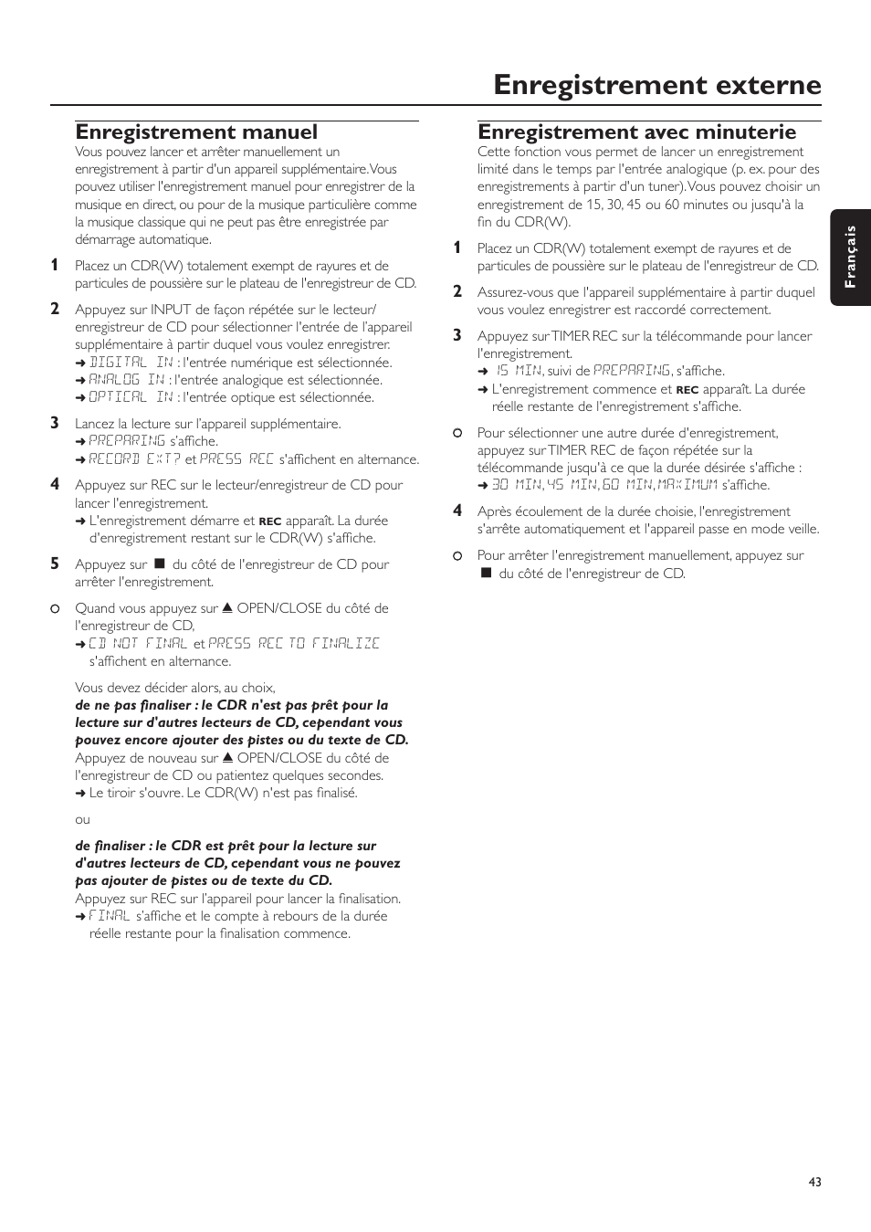 Enregistrement externe, Enregistrement manuel, Enregistrement avec minuterie | Philips CDR-795 User Manual | Page 43 / 72