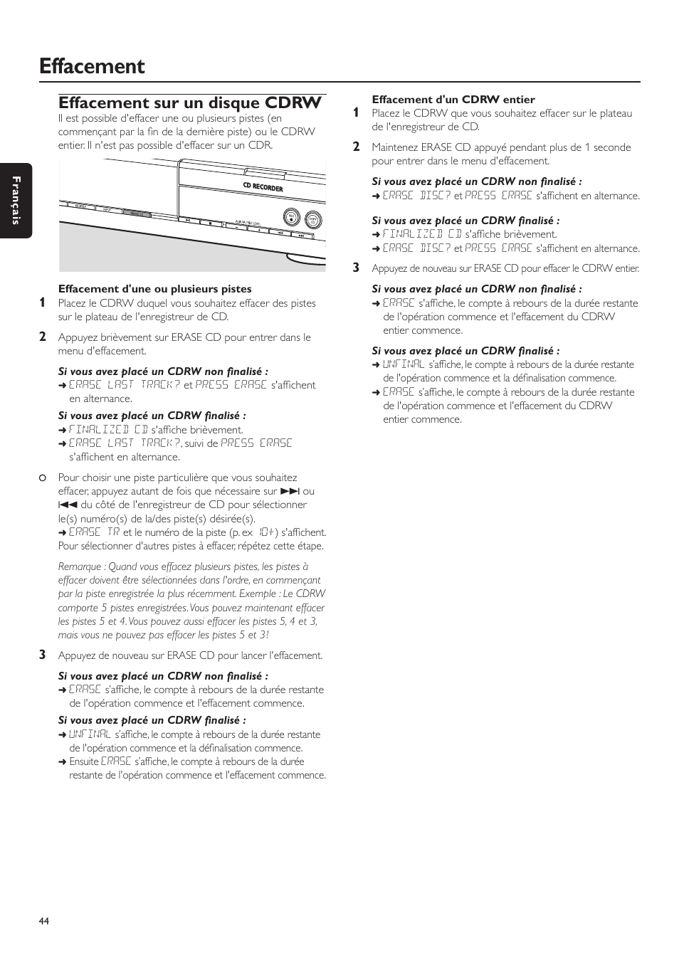 Effacement, Effacement sur un disque cdrw | Philips CDR-795 User Manual | Page 44 / 72