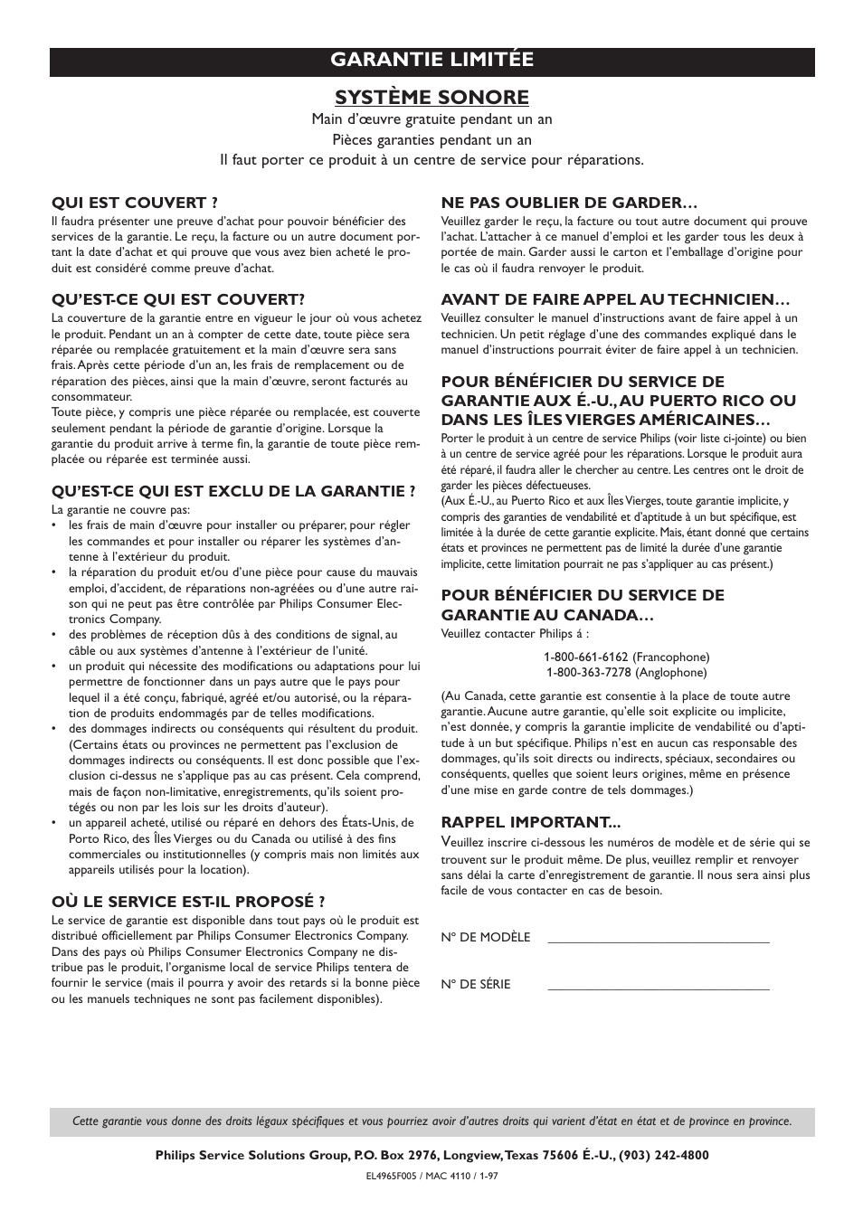 Système sonore, Garantie limitée | Philips CDR-795 User Manual | Page 47 / 72