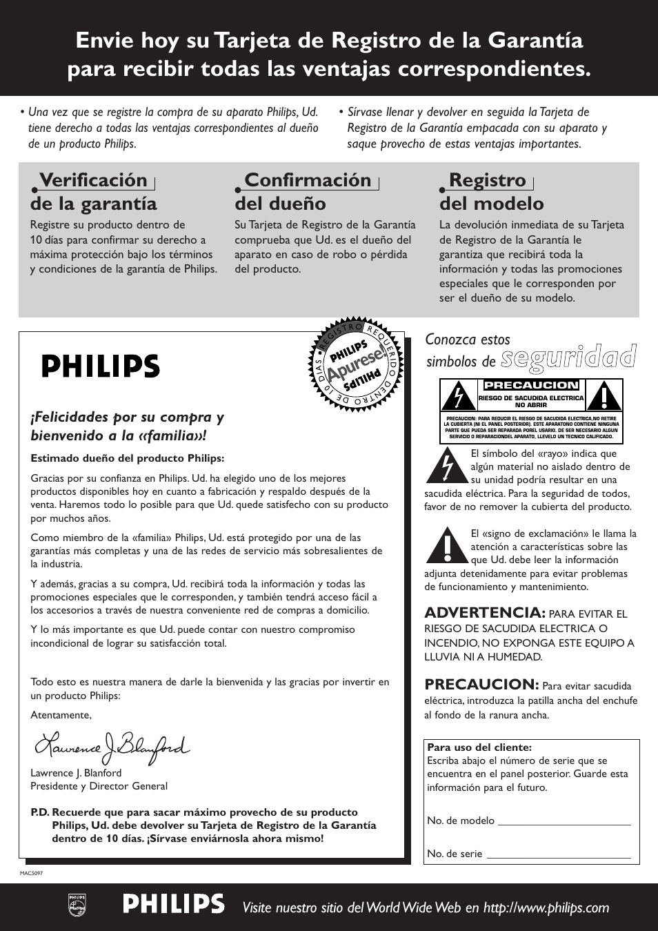 Sse eg gu urriid da ad d, Verificación de la garantía, Confirmación del dueño | Registro del modelo, Apurese, Conozca estos simbolos de | Philips CDR-795 User Manual | Page 48 / 72