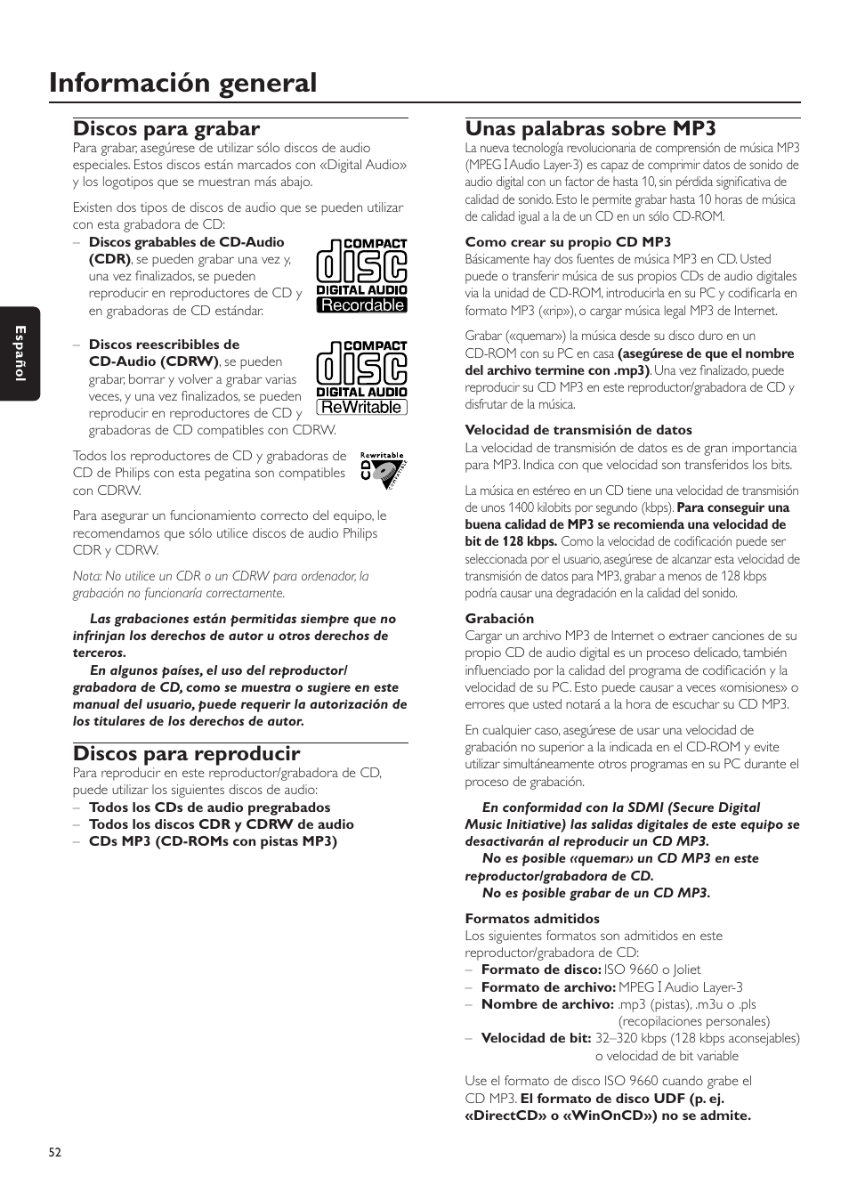 Información general, Discos para grabar, Discos para reproducir | Unas palabras sobre mp3 | Philips CDR-795 User Manual | Page 52 / 72