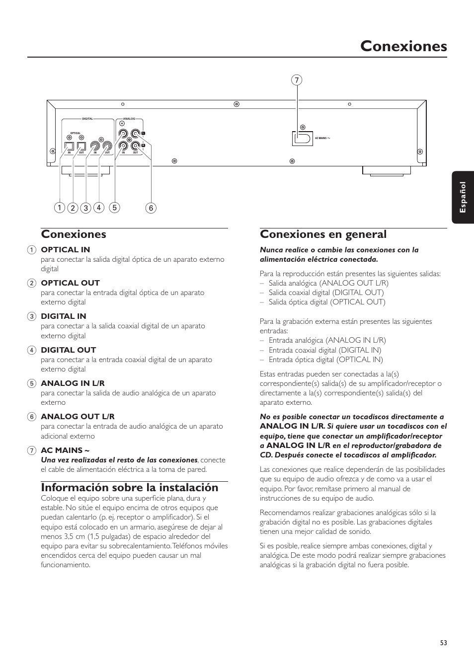 Conexiones, Información sobre la instalación, Conexiones en general | Philips CDR-795 User Manual | Page 53 / 72