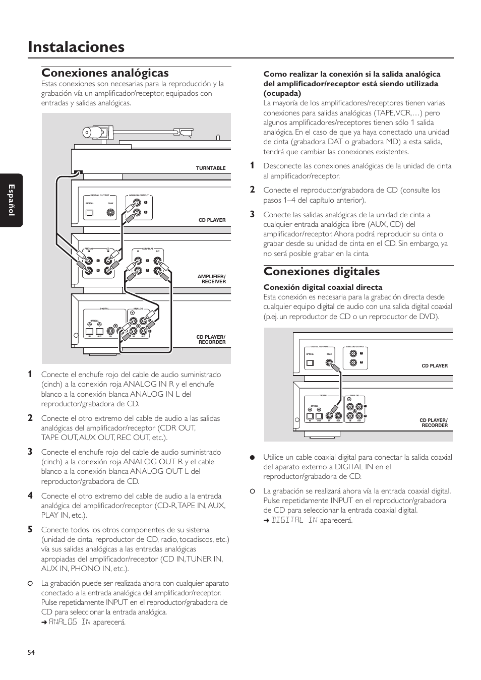 Instalaciones, Conexiones analógicas, Conexiones digitales | Digital in aparecerá, Español | Philips CDR-795 User Manual | Page 54 / 72