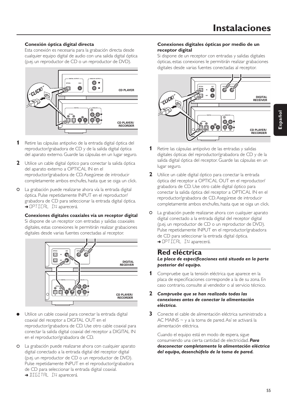 Instalaciones, Red eléctrica, Optical in aparecerá | Español, Click | Philips CDR-795 User Manual | Page 55 / 72