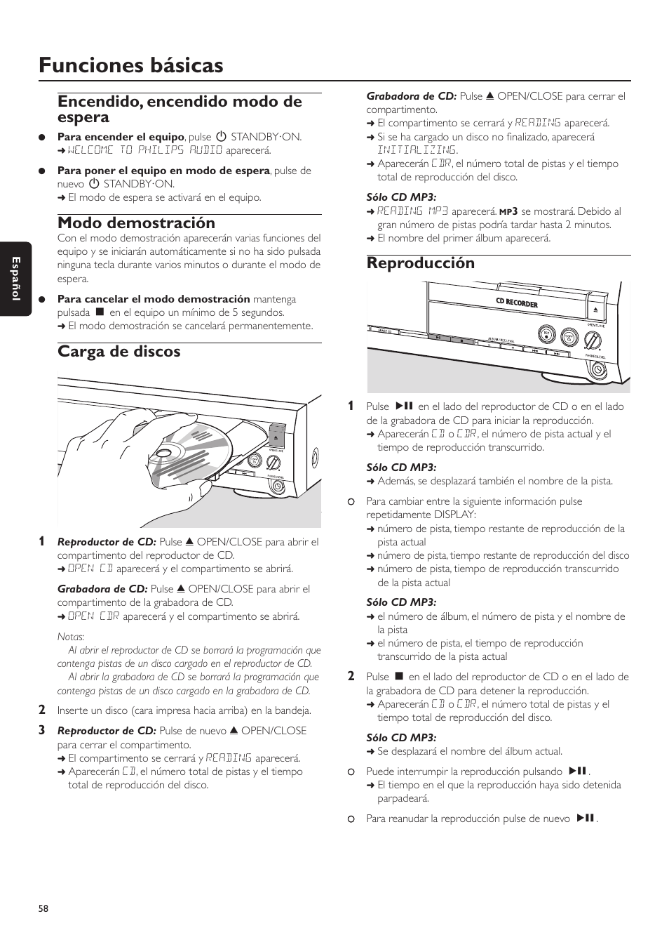 Funciones básicas, Encendido, encendido modo de espera, Modo demostración | Carga de discos, Reproducción | Philips CDR-795 User Manual | Page 58 / 72