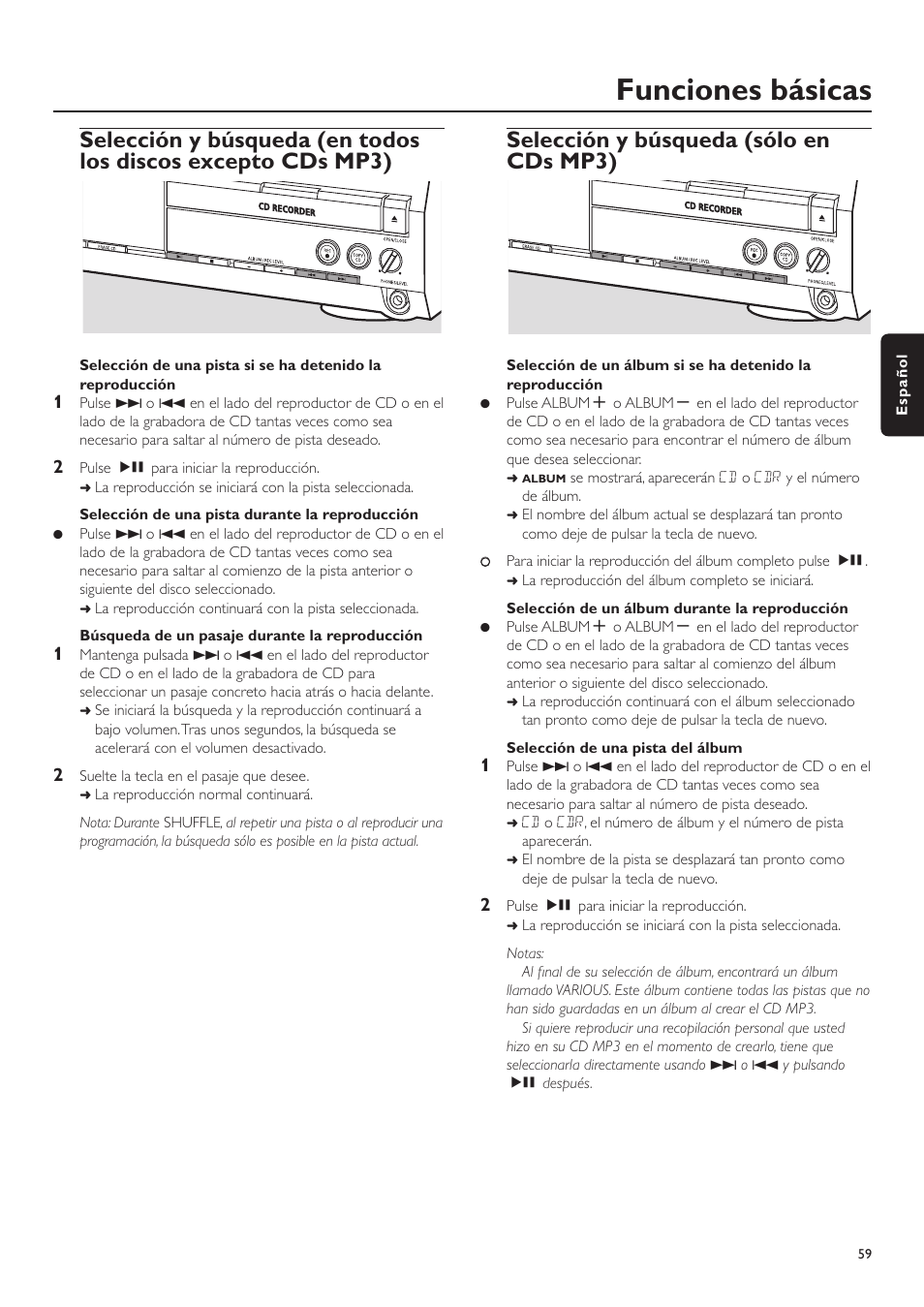 Funciones básicas, Selección y búsqueda (sólo en cds mp3) | Philips CDR-795 User Manual | Page 59 / 72