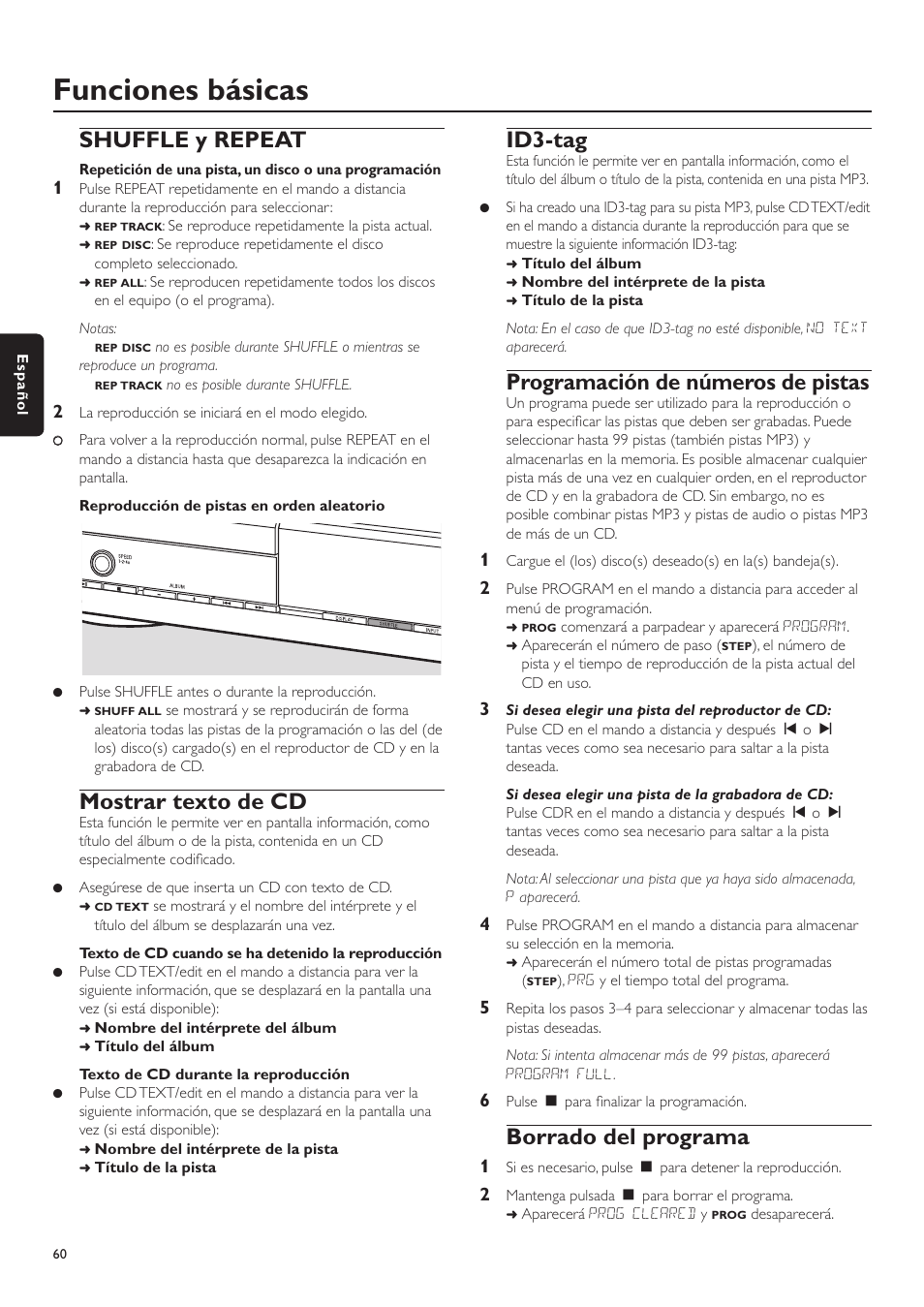 Funciones básicas, Shuffle y repeat, Mostrar texto de cd | Id3-tag, Programación de números de pistas, Borrado del programa | Philips CDR-795 User Manual | Page 60 / 72