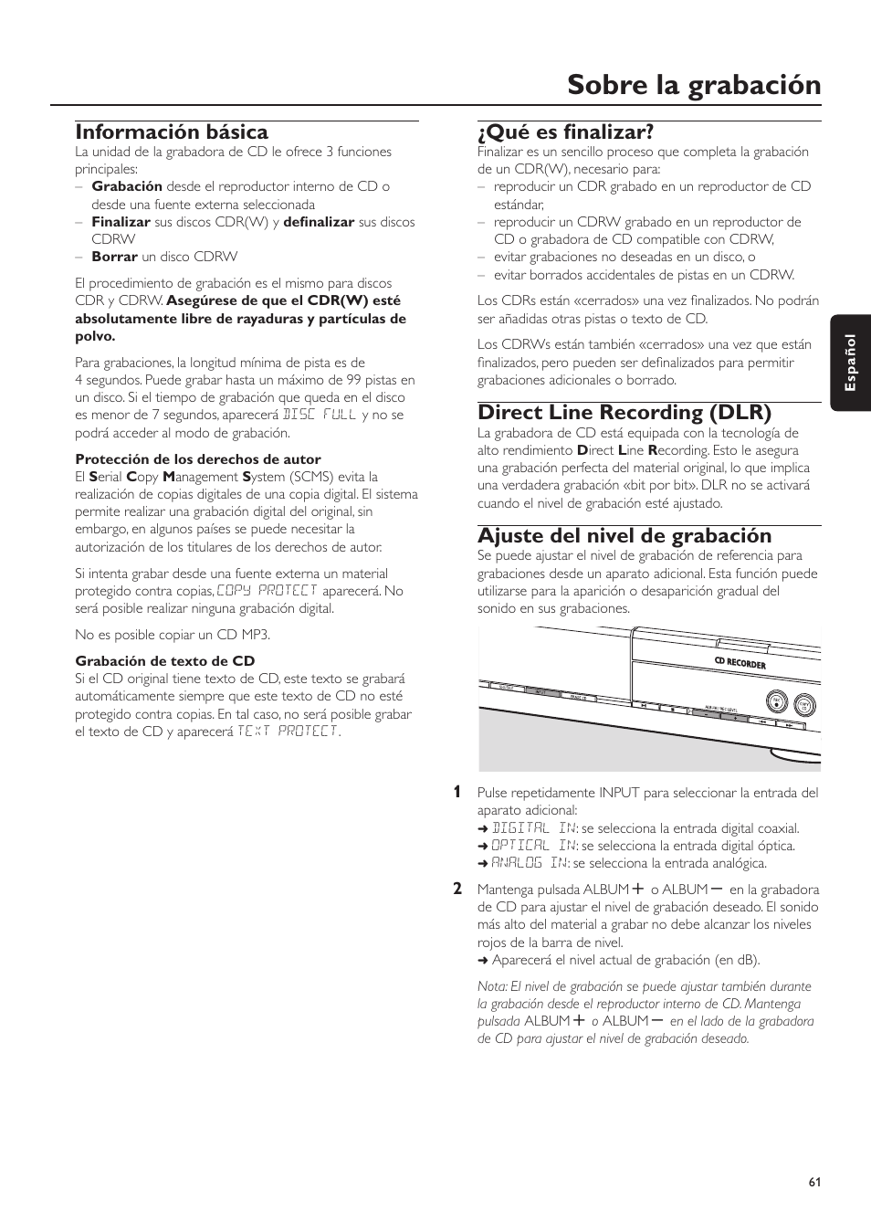 Sobre la grabación, Información básica, Qué es finalizar | Direct line recording (dlr), Ajuste del nivel de grabación | Philips CDR-795 User Manual | Page 61 / 72