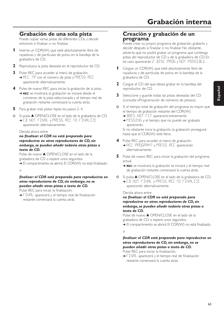 Grabación interna, Grabación de una sola pista, Creación y grabación de un programa | Philips CDR-795 User Manual | Page 63 / 72