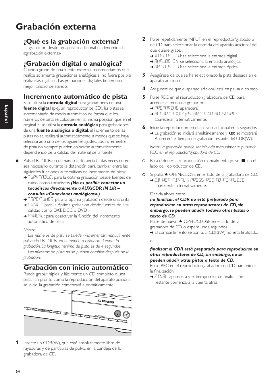 Grabación externa, Qué es la grabación externa, Grabación digital o analógica | Incremento automático de pista, Grabación con inicio automático | Philips CDR-795 User Manual | Page 64 / 72