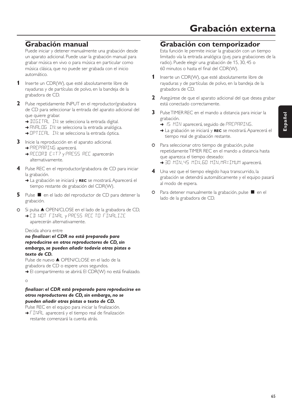 Grabación externa, Grabación manual, Grabación con temporizador | Philips CDR-795 User Manual | Page 65 / 72