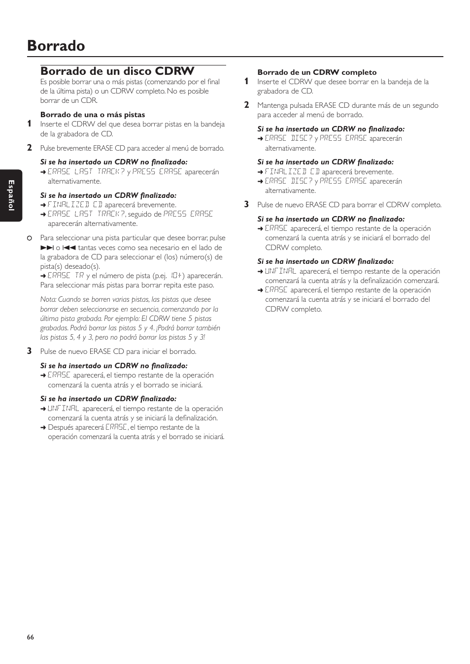 Borrado, Borrado de un disco cdrw | Philips CDR-795 User Manual | Page 66 / 72