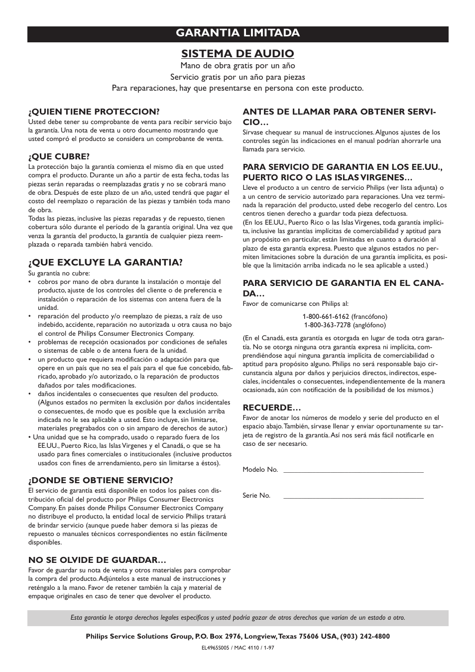 Sistema de audio, Garantia limitada, Que excluye la garantia | Philips CDR-795 User Manual | Page 69 / 72