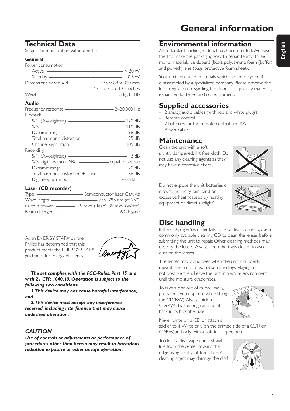 General information, Technical data, Environmental information | Supplied accessories, Maintenance, Disc handling | Philips CDR-795 User Manual | Page 7 / 72